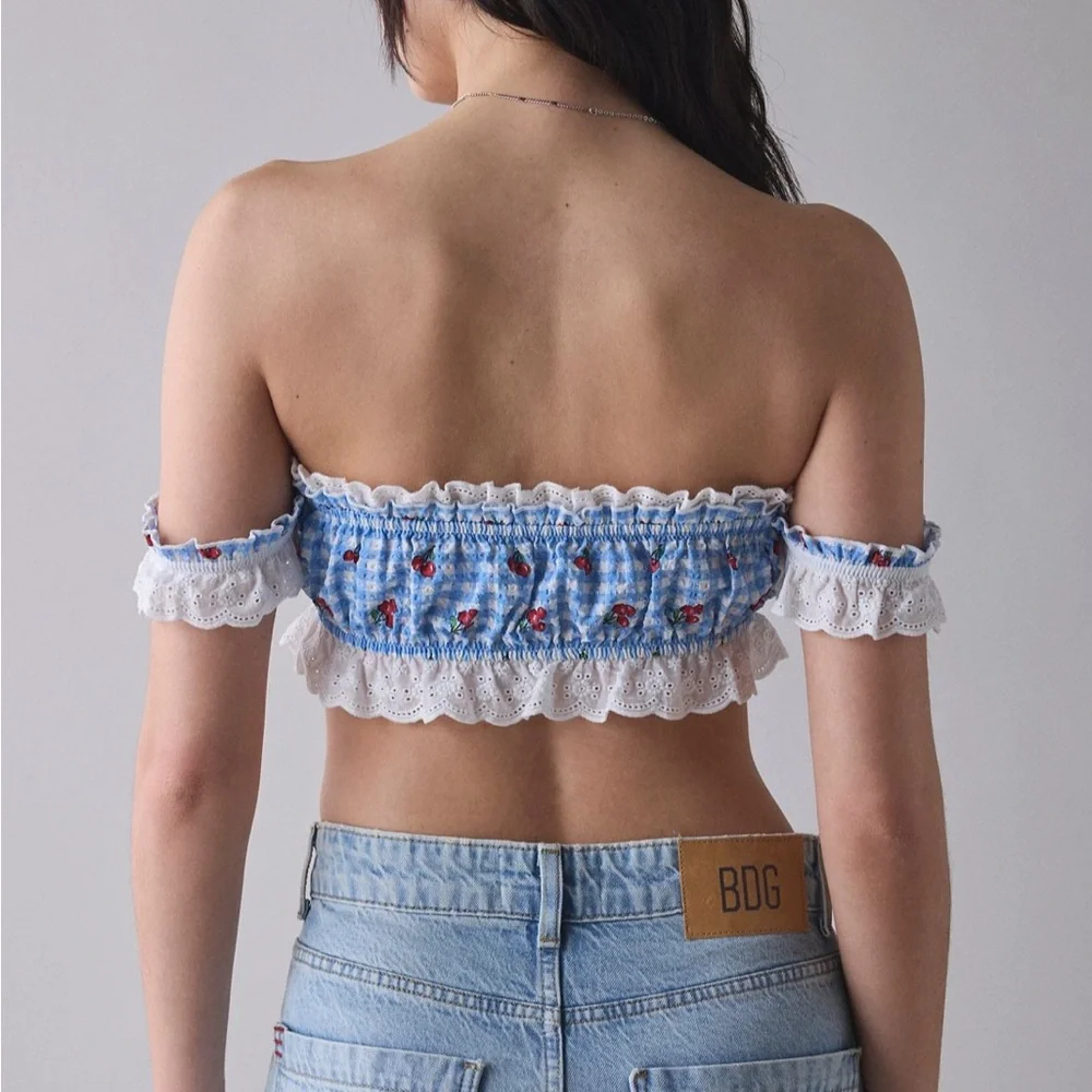NWT UO Cherry Gingham Ruffle Lace Trimmed Picnic Top Out From Under - Picture 2 of 5